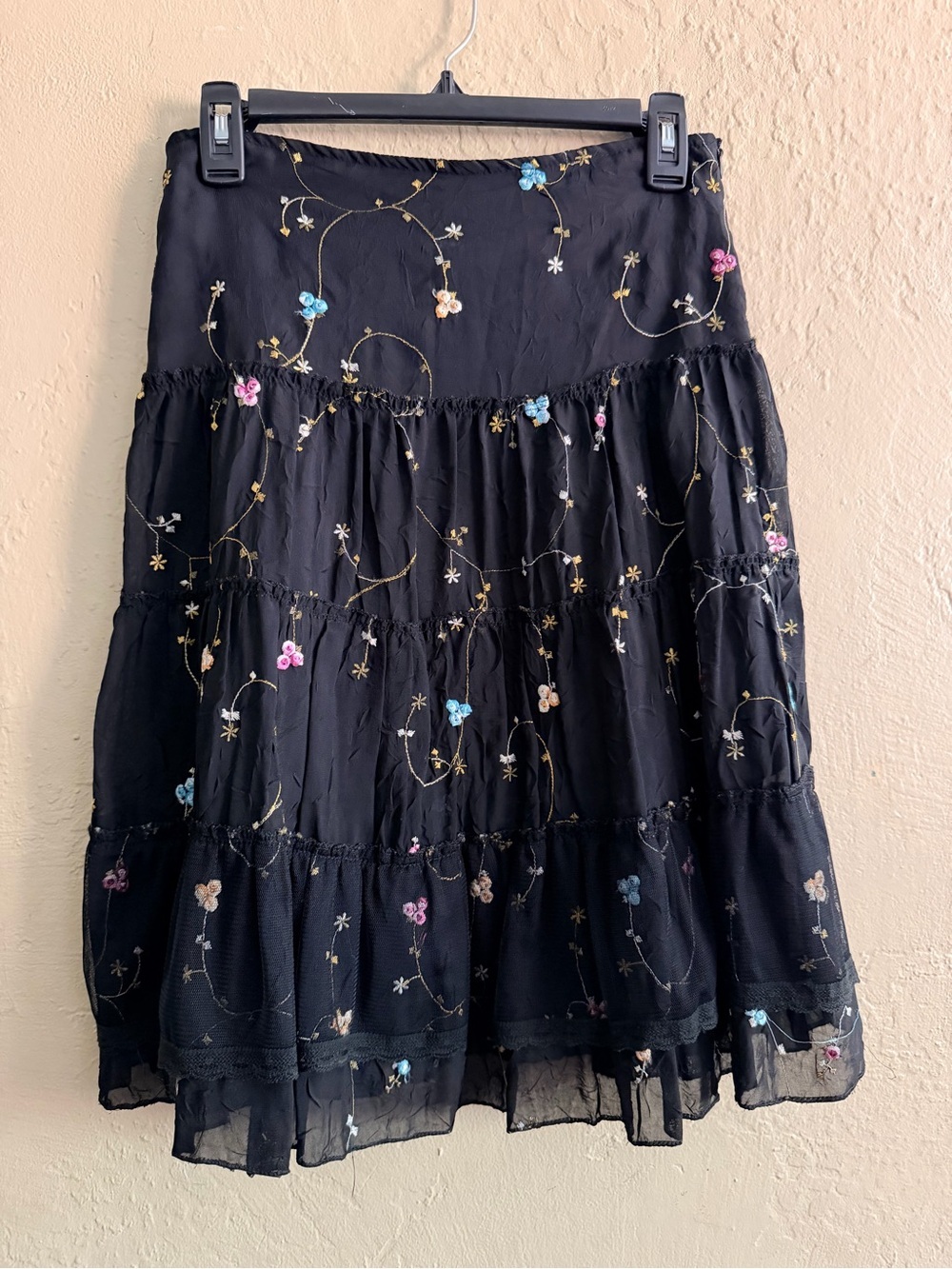 Floral Embroidered Black Tiered Midi Skirt